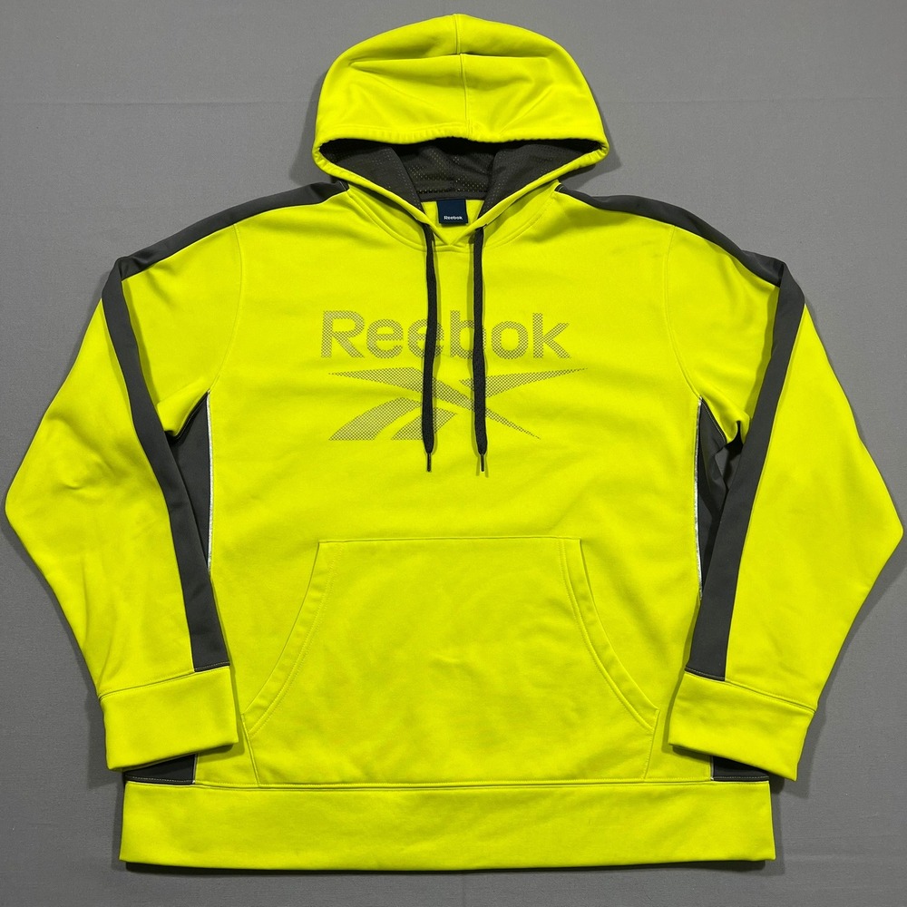 Reebok Hoodie Pullover Graphic Logo Neon Yellow Kangaroo Pocket Men's Large